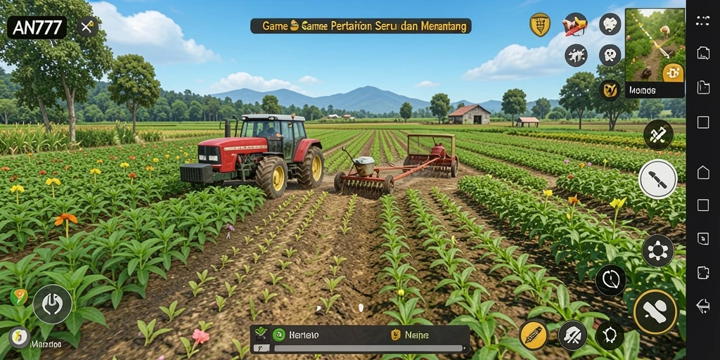 Screenshot gameplay AN777 menampilkan ladang hijau subur dan aktivitas bertani yang seru.