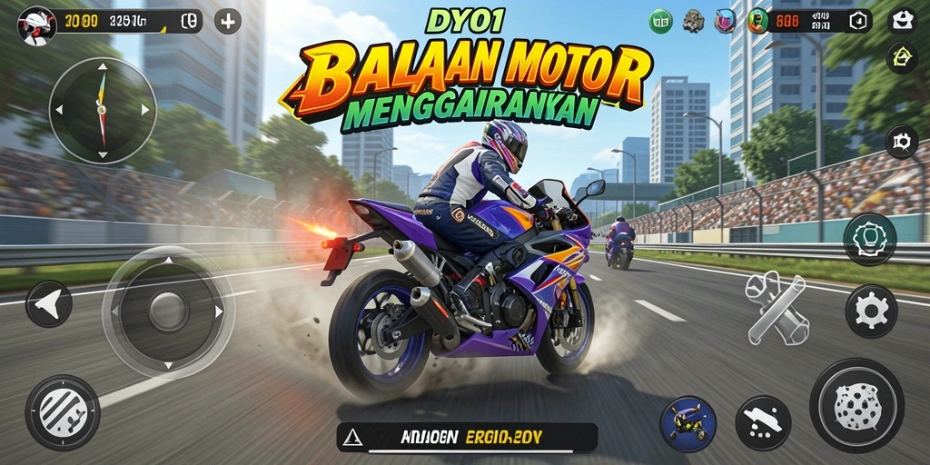 Tampilan gameplay DY01 yang menggembirakan saat balapan motor.