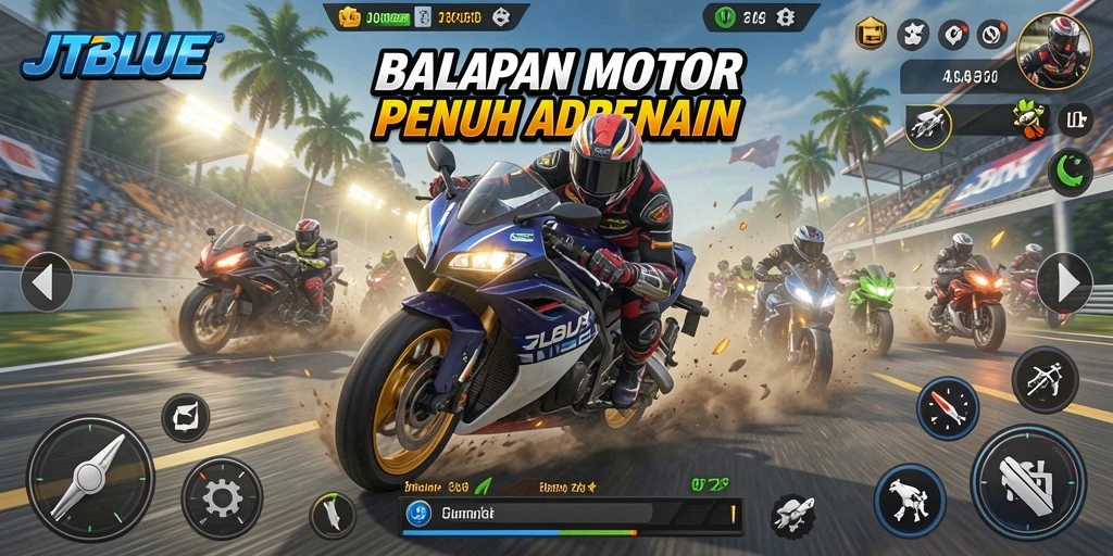 Screenshot JTBLUE menampilkan aksi balapan motor yang seru dan menegangkan.