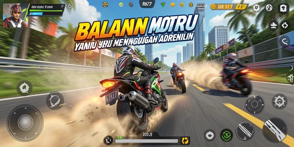 Tangkapan layar RK77 menunjukkan aksi balapan motor yang mendebarkan dan grafis yang memukau.